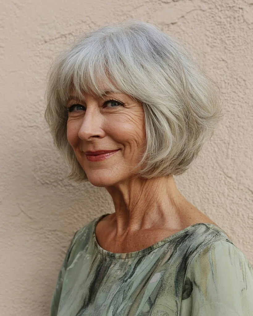 Chin-length salted ash shag bob with soft layers and full bangs for older women