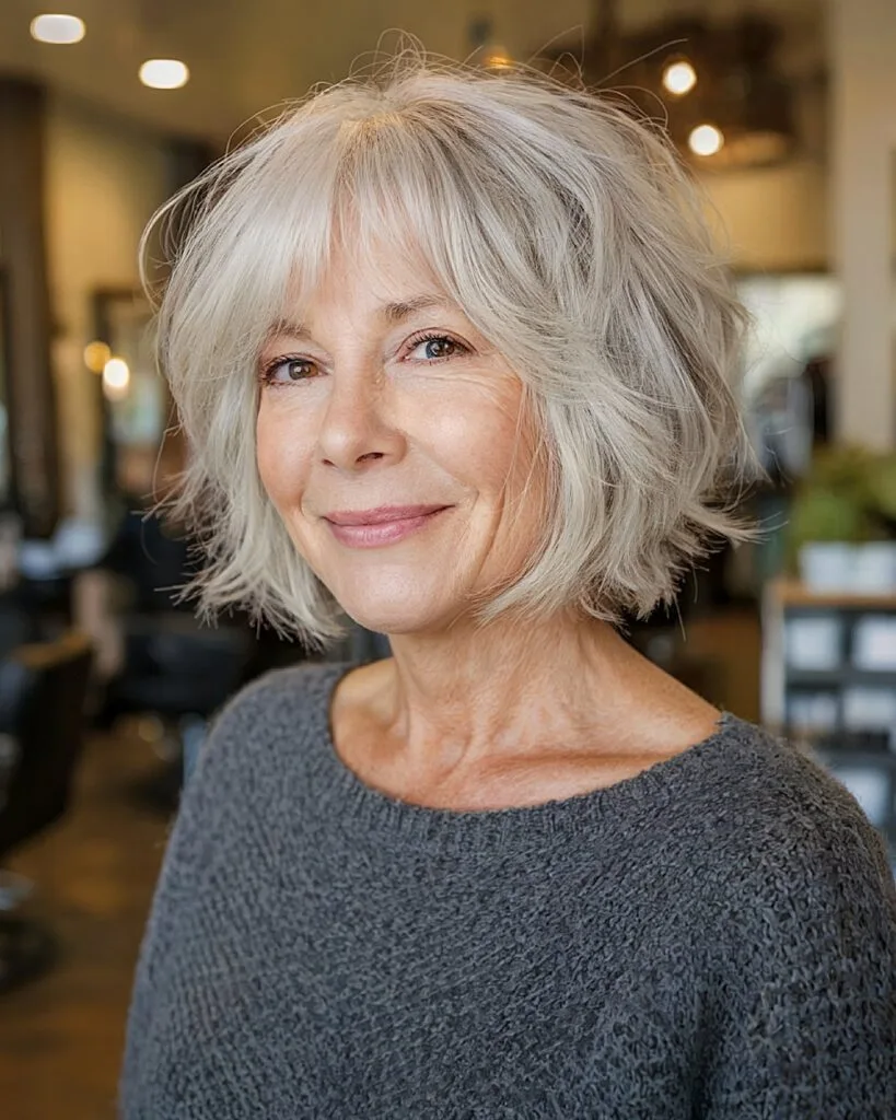 Chin-length shag with soft layers and full fringe for thin hair, elegant over-40 French bob