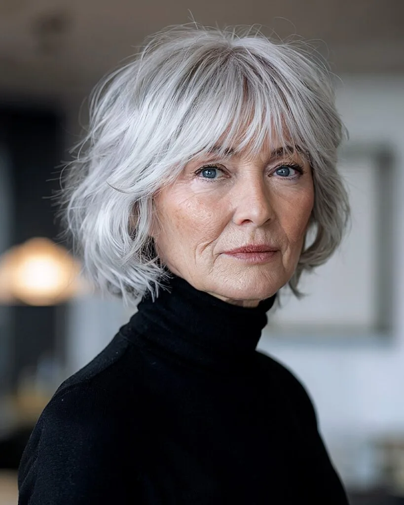 Chin-length silver shag haircut with choppy bangs for older women with fine hair