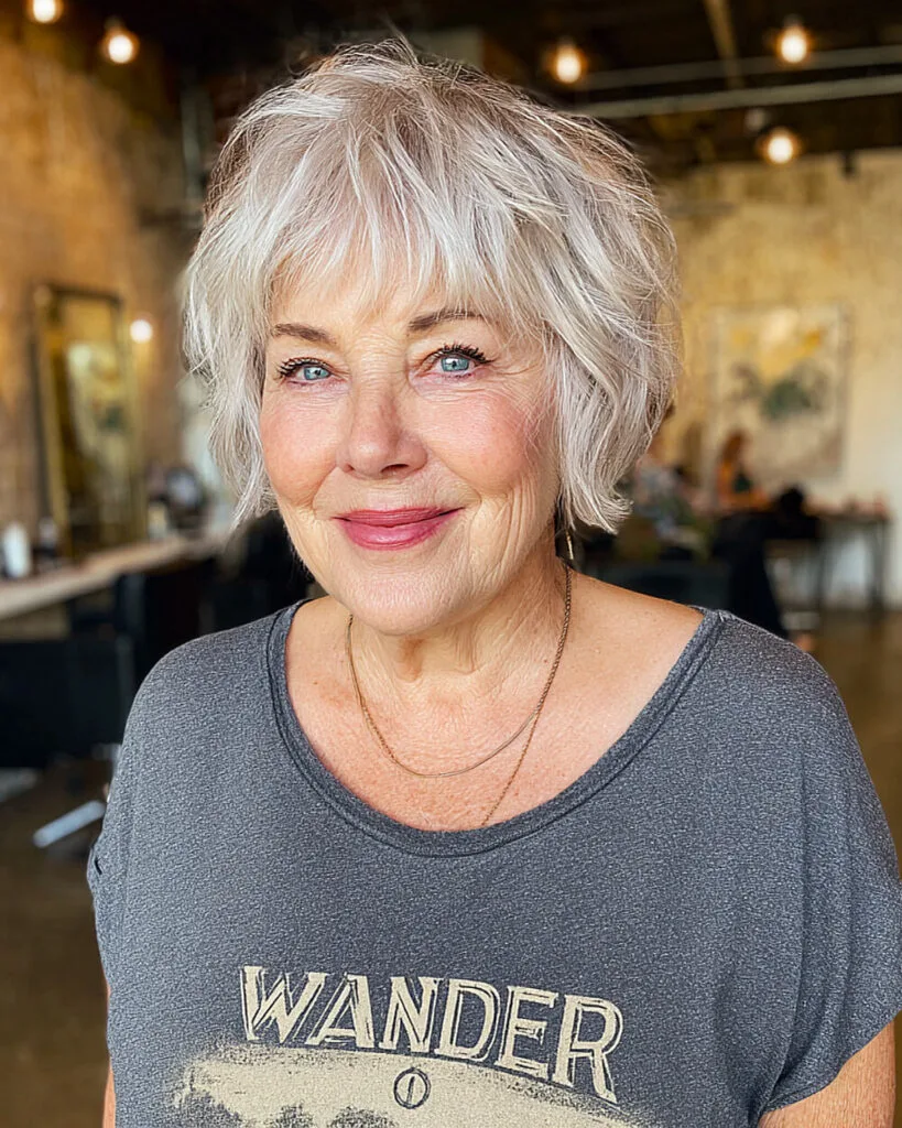 Choppy and shaggy pixie bob with feathered top layers for women over 70