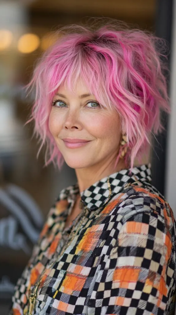 Choppy Bubblegum Pink Textured Shag with Wispy Fringe