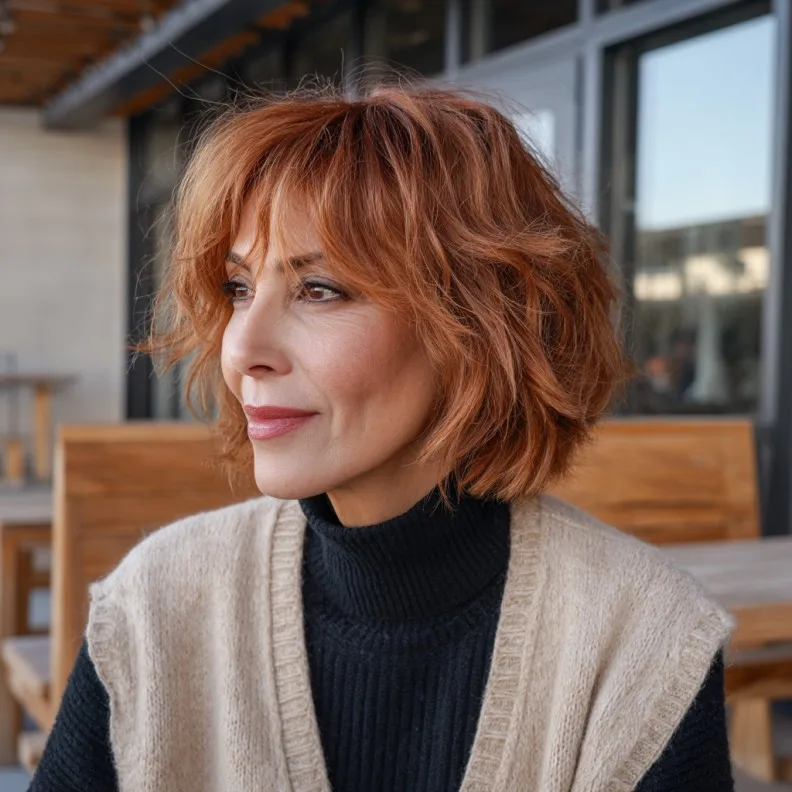 Choppy Copper Bob with Bangs for Graceful Maturity