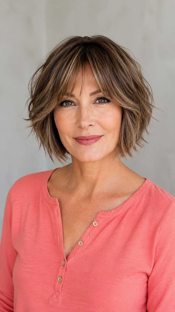 Choppy layered bob with sun-kissed highlights
