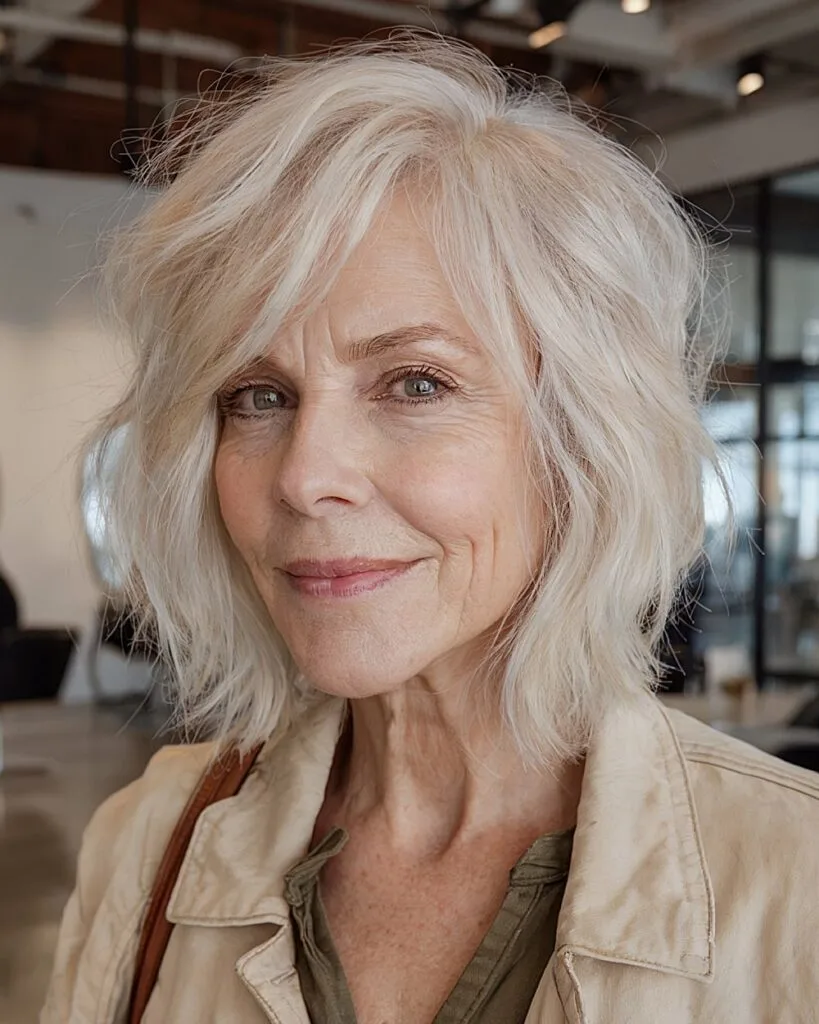 Choppy layered shag with deep side part and natural wave, modern French bob look for thin hair