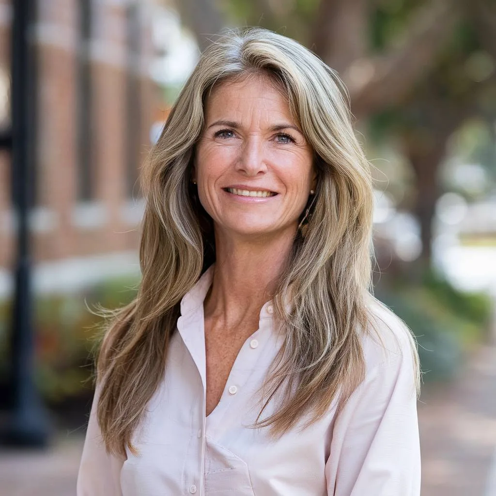 Choppy long hair for older women, featuring textured layers and soft blonde highlights for added volume and movement