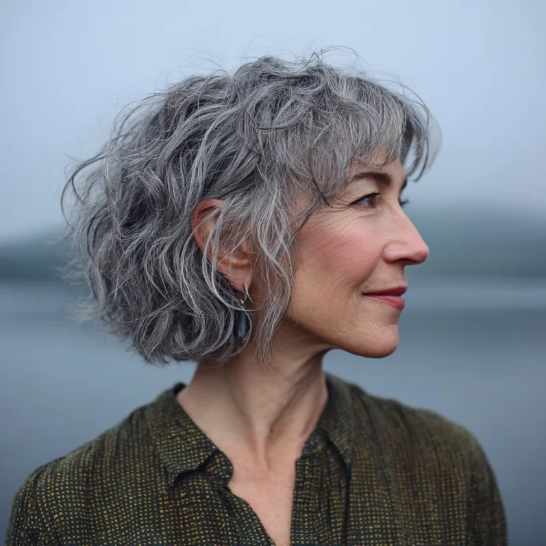 Choppy Silver Textured Bob with Soft Bangs