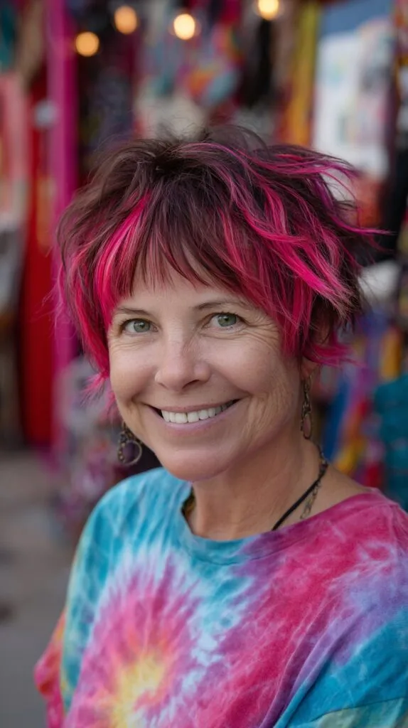 Choppy Textured Short Pixie with Magenta Face-Framing Streaks