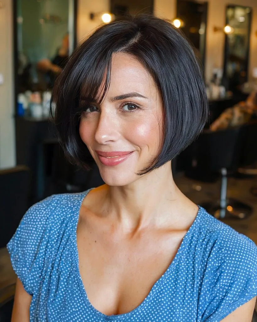 Classic bob cut with long side bangs for women over 40, ideal for sleek, thick straight hair