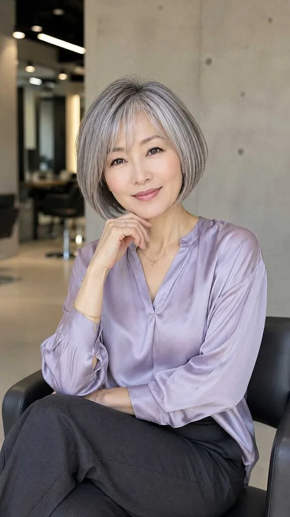 Classic Rounded Gray Bob with Soft Wispy Fringe