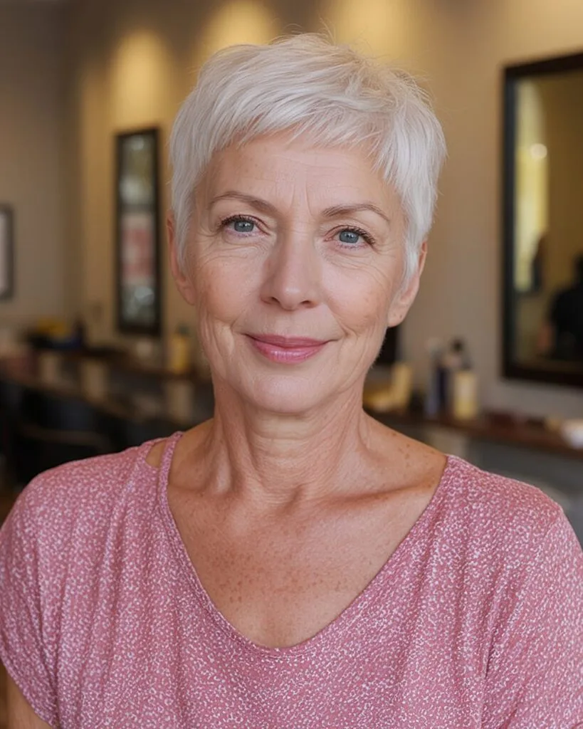 Classic short pixie haircut for over 60 with clean lines and soft fringe