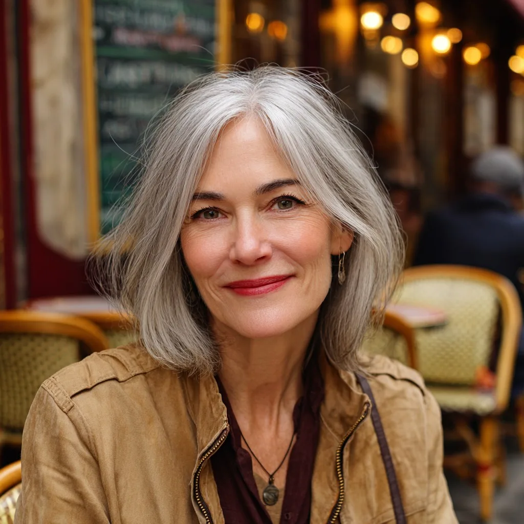 Classic Silver Lob with Soft Curtain Bangs