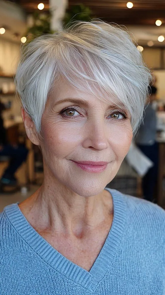Classic silver pixie with tapered sides and soft fringe