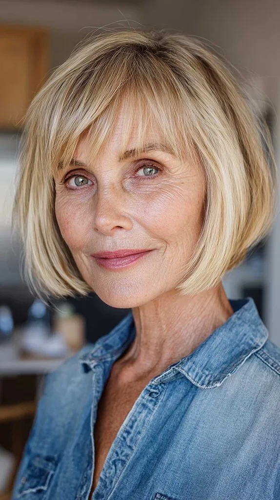 Classic warm blonde chin-length bob with wispy fringe