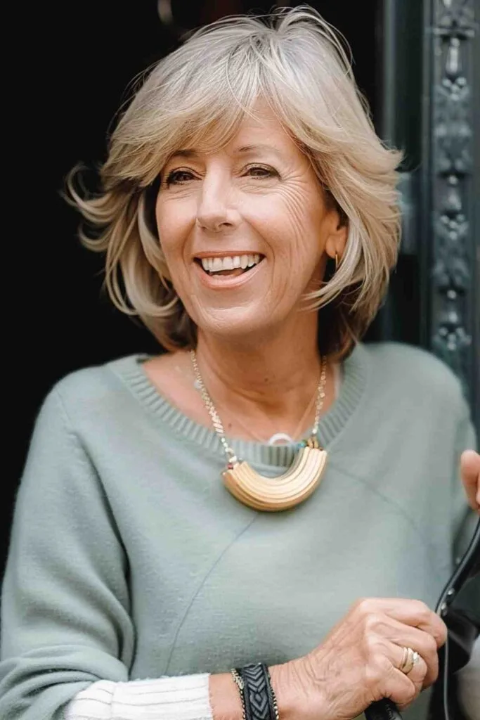 Confident mature woman with chic side-swept bangs, complementing her highlighted, shoulder-length hair.