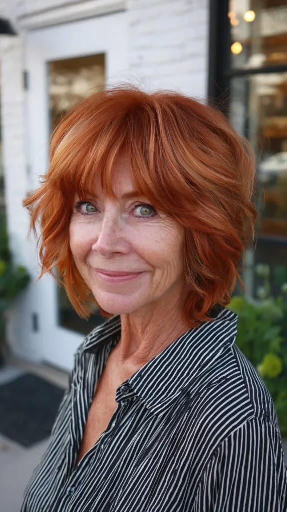 Copper Textured Chin-Length Shag with Soft Feathered Fringe