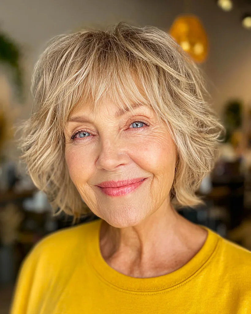 Cropped shaggy bob with short layers and fringe for women over 70
