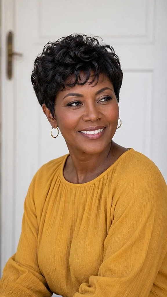 Curly Black Pixie with Loose Forehead Fringe
