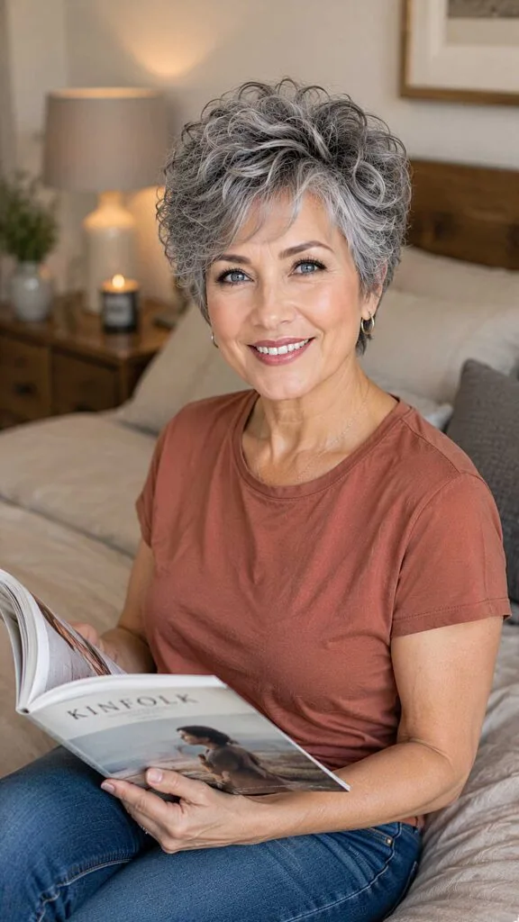 Curly Gray Pixie with Loose Open Curls