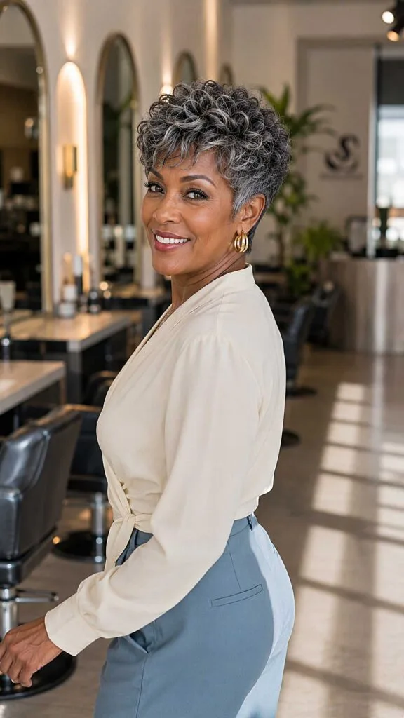Curly Gray Tapered Cut with Crown Height