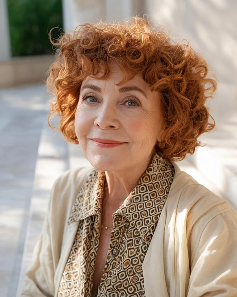Curly shag haircut for women over 70 with rounded shape and lifted layers