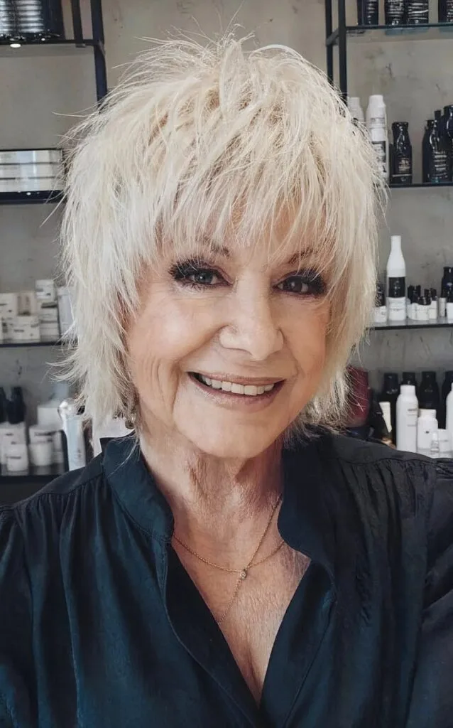 Cute Textured Shag Lob for Women Aged 70 with short white hair