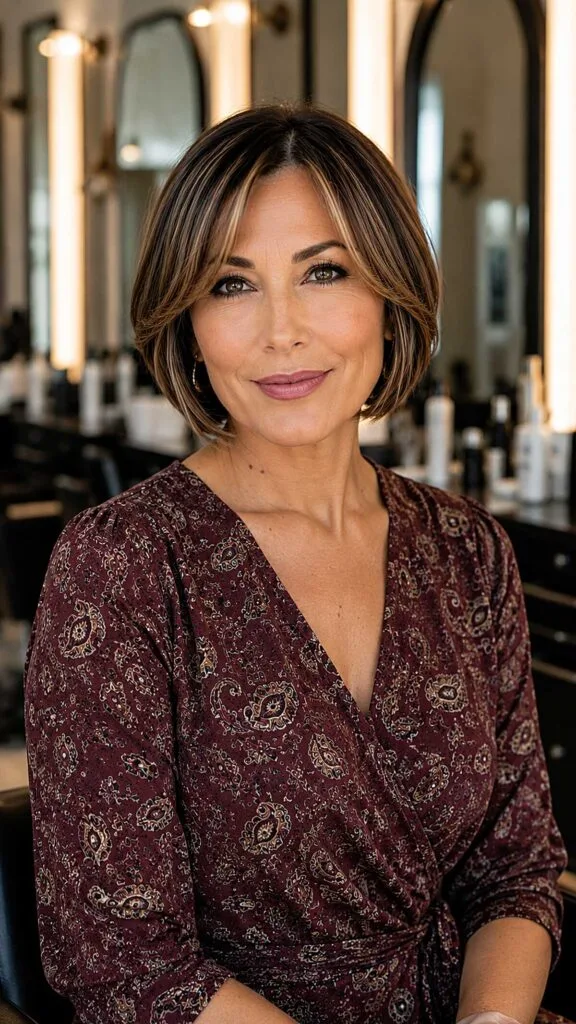 Dark brunette chin-length bob with subtle highlights