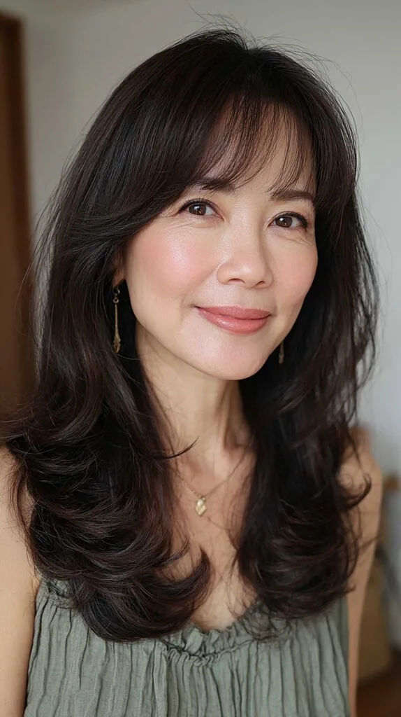 Dark Butterfly Cut with Wispy Bangs and Curled-Under Ends