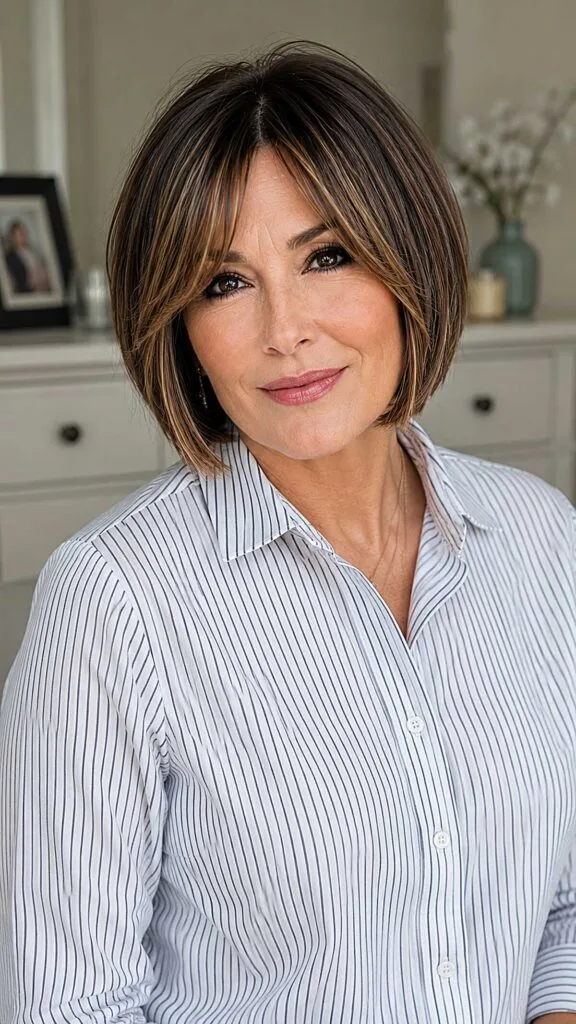 Dark chocolate bob with caramel peek-a-boo highlights