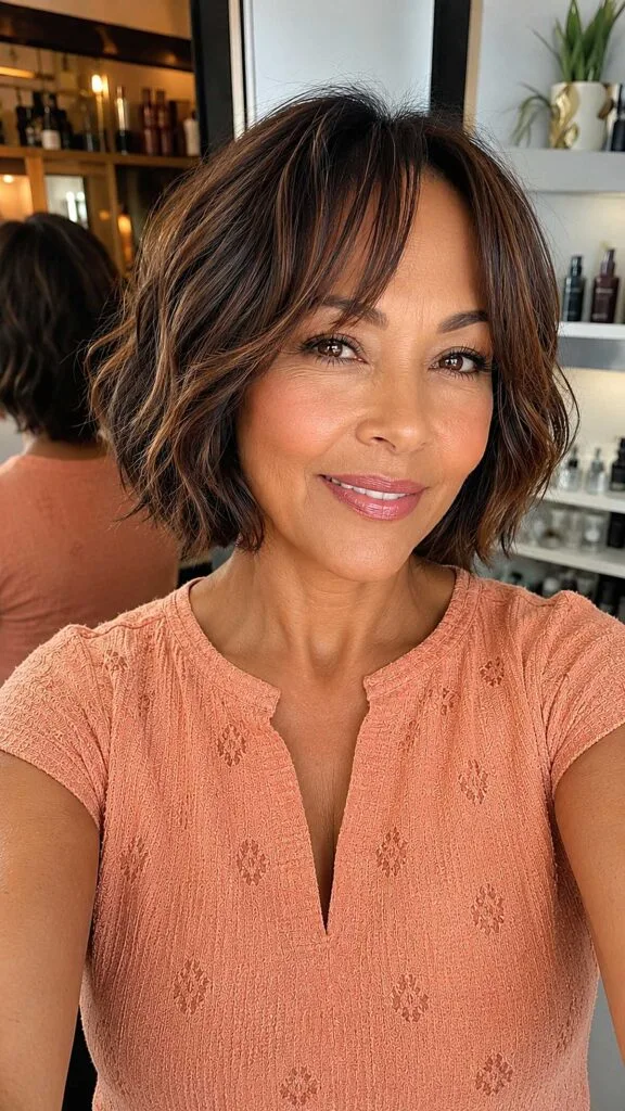 Dark chocolate wavy bob with subtle highlights