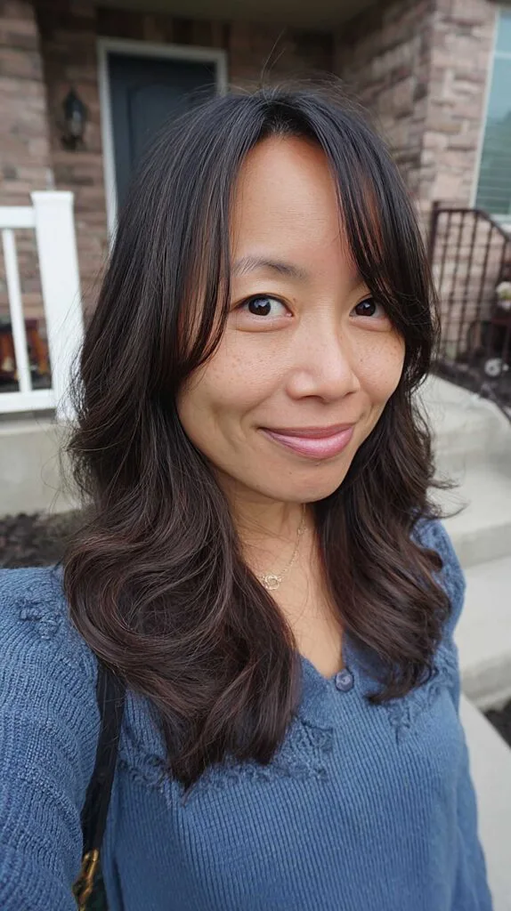 Dark Espresso Butterfly Cut with Wispy Curtain Pieces and Loose Wave