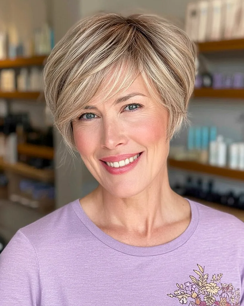 Ear-length bob with feathered bangs for women over 40 with short, low-maintenance hair