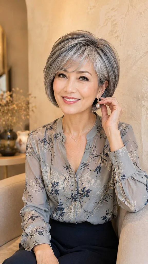 Ear-Length Layered Bob with Soft Gray Blend