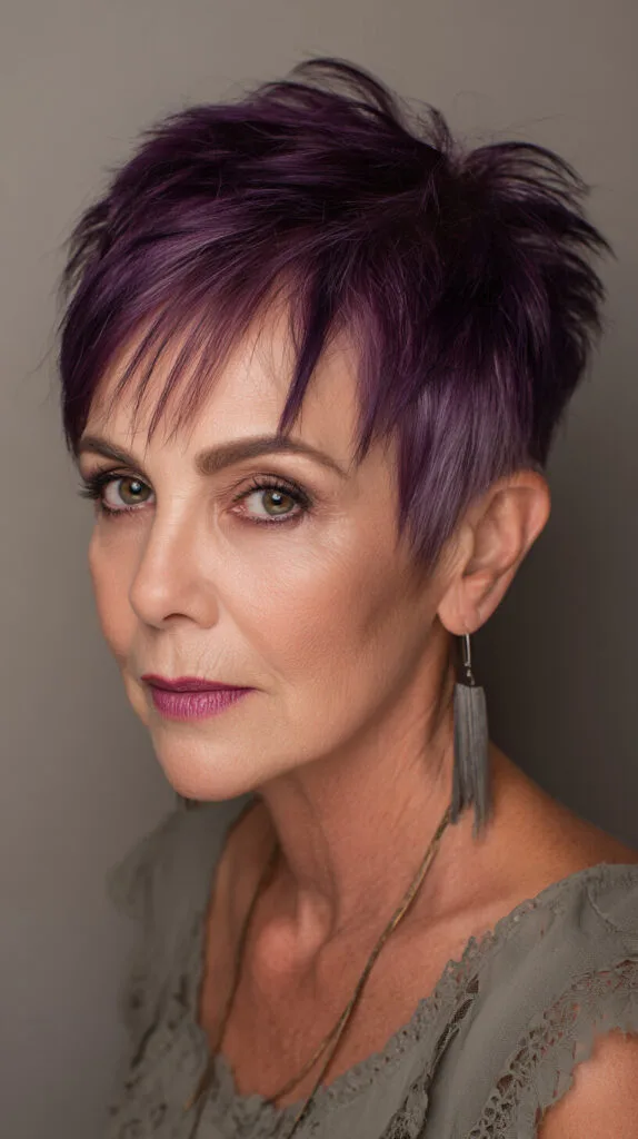 Edgy Violet Textured Pixie with Feathered Fringe