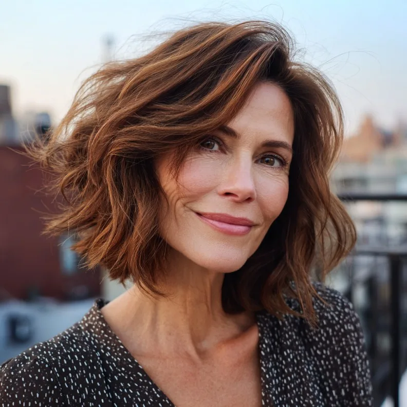Effortless Cinnamon Brown Textured Lob with Soft Waves