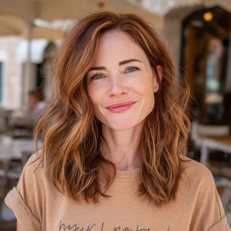 Effortless Shoulder-Length Waves with Warm Auburn Highlights
