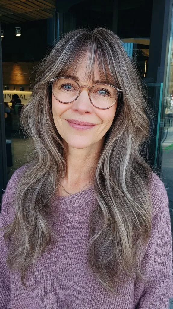 Effortless Silver Waves with Soft Bangs