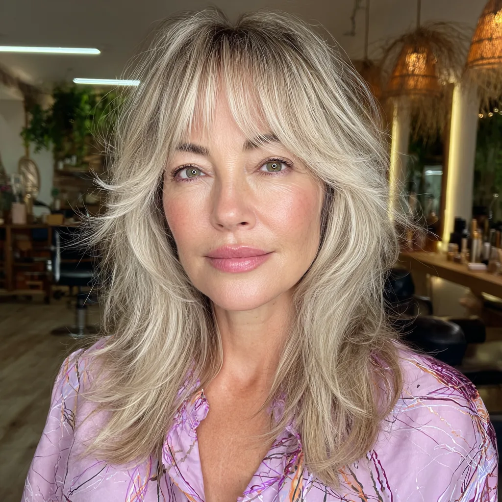 Effortlessly Layered Blonde Shag with Soft Bangs