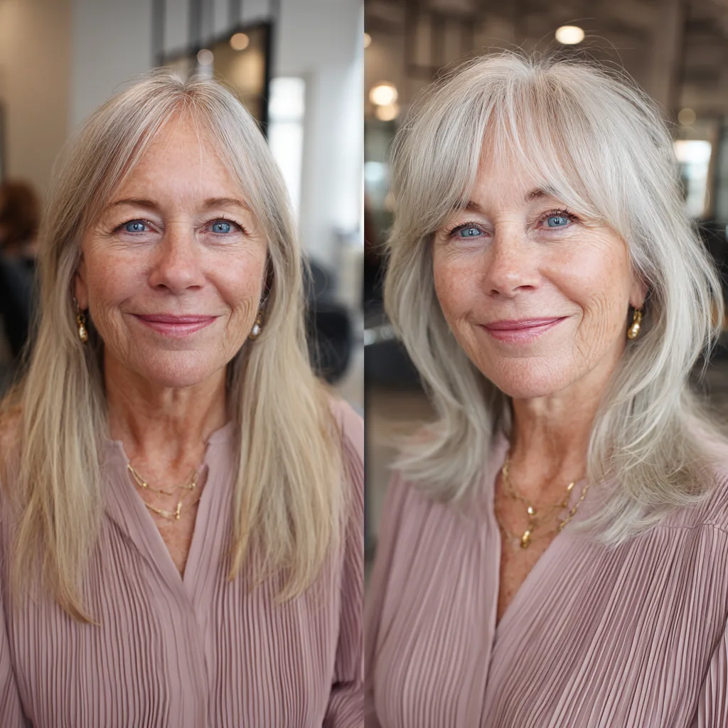 Effortlessly Layered Silver Tresses with Soft Bangs