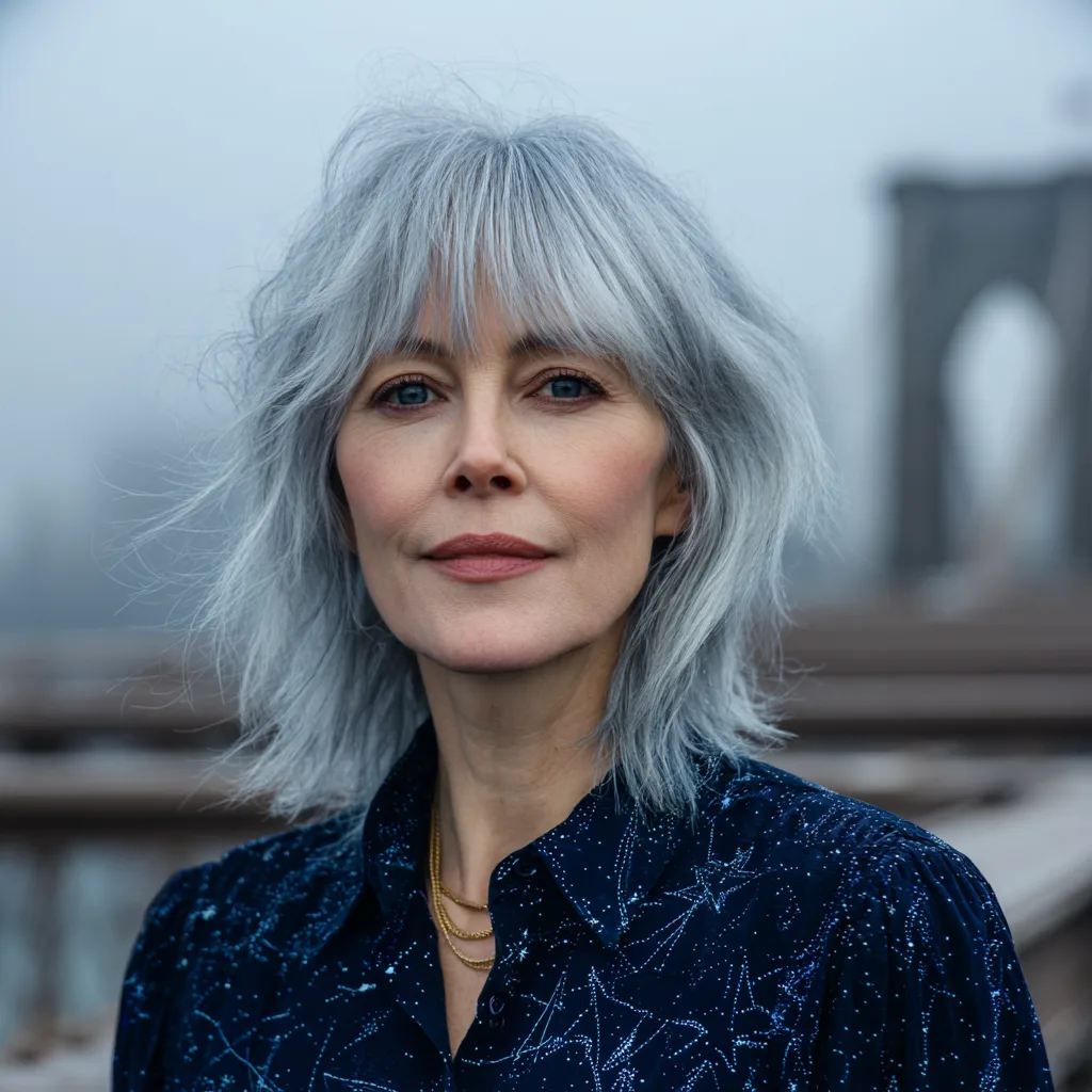 Effortlessly Textured Silver Shag with Soft Bangs