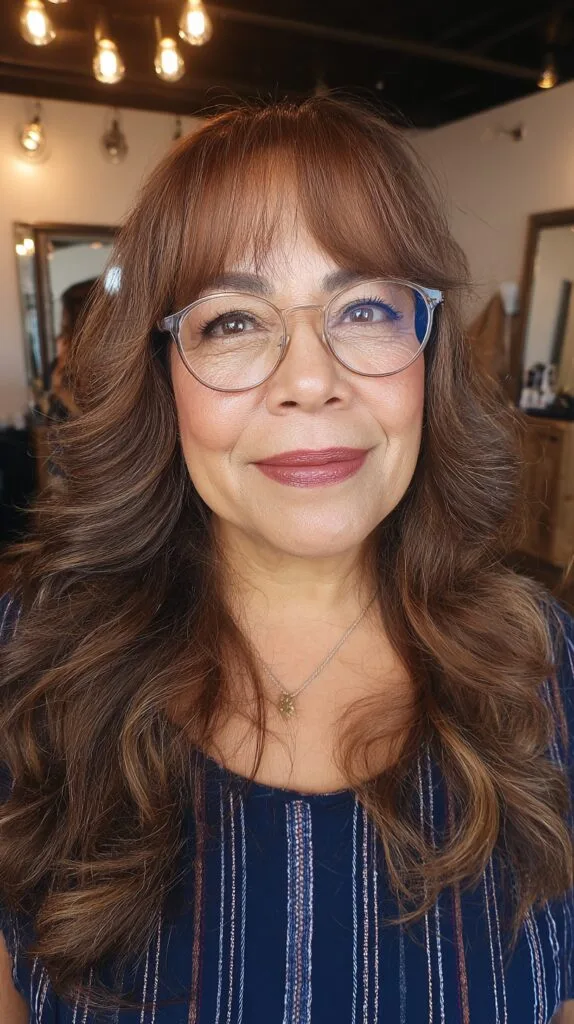 Elegant Brunette Layered Curls with Soft Fringe
