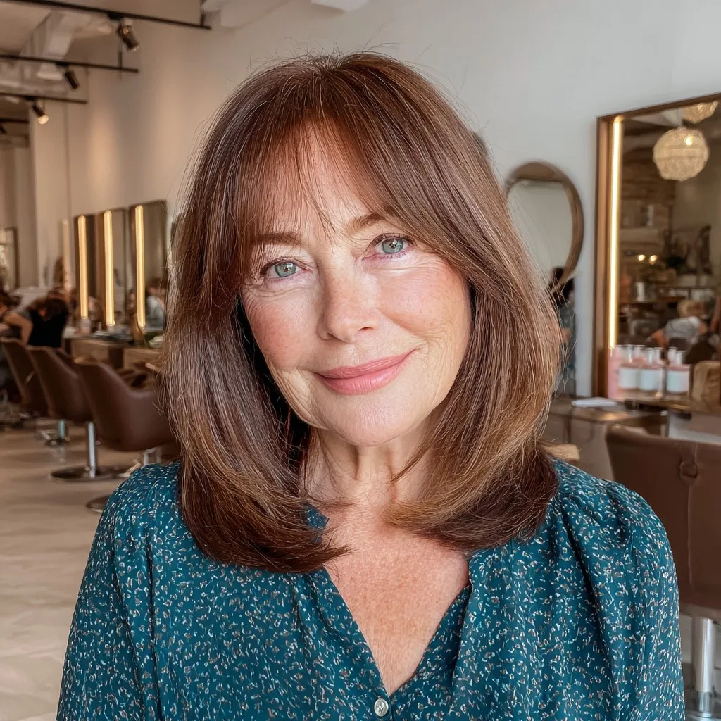 Elegant Chestnut Lob with Soft Curtain Bangs