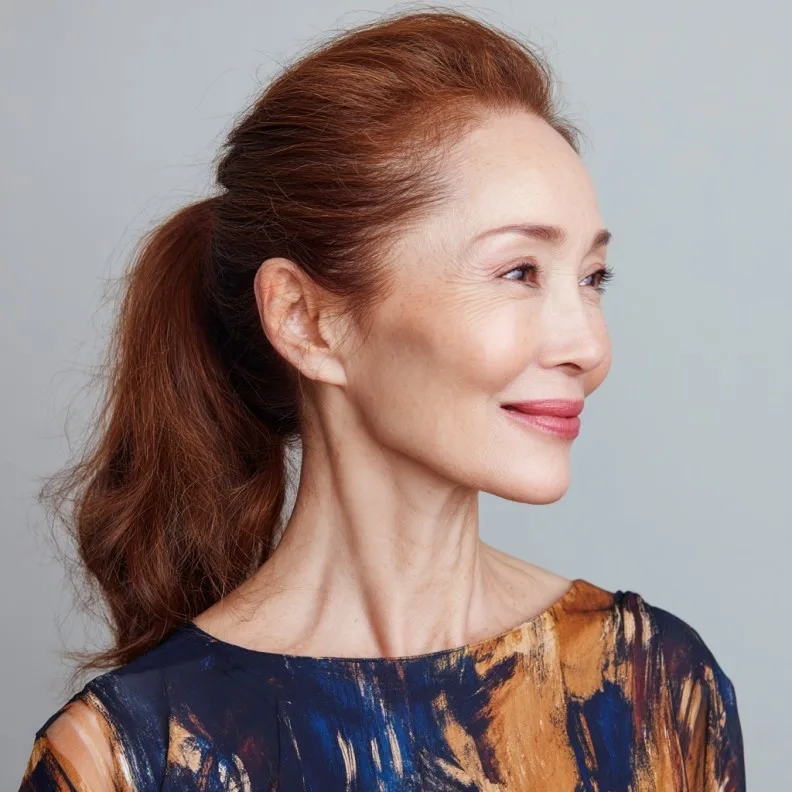 Elegant Cinnamon Brown Low Ponytail with Soft Volume