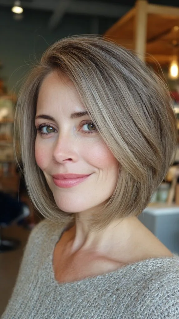 Elegant Greige Layered Bob with Subtle Waves