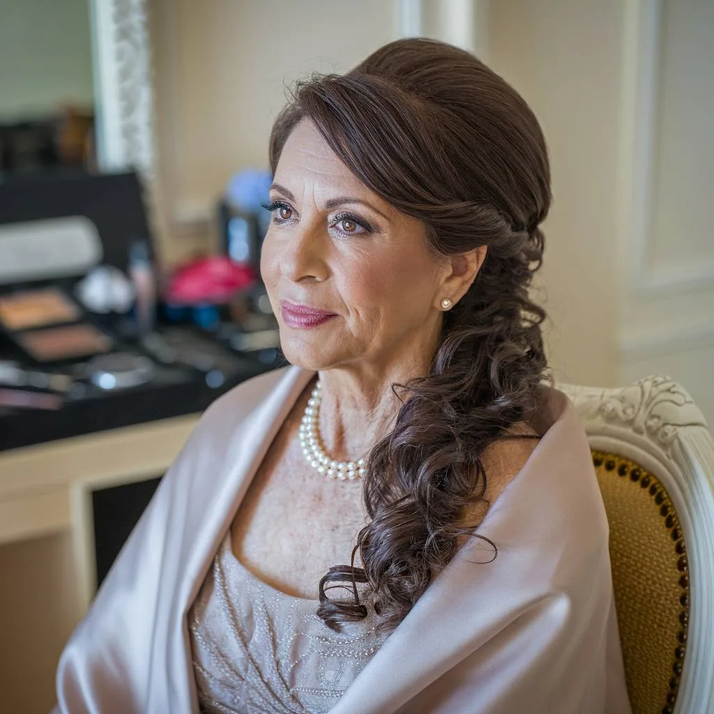 Elegant half-up, half-down curled hairstyle for mother of the bride, featuring volume at the crown and cascading curls