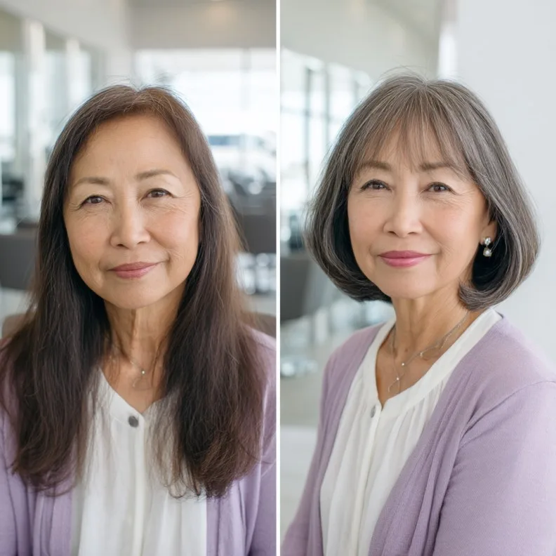 Elegant Layered Bob with Soft Bangs for Mature Women