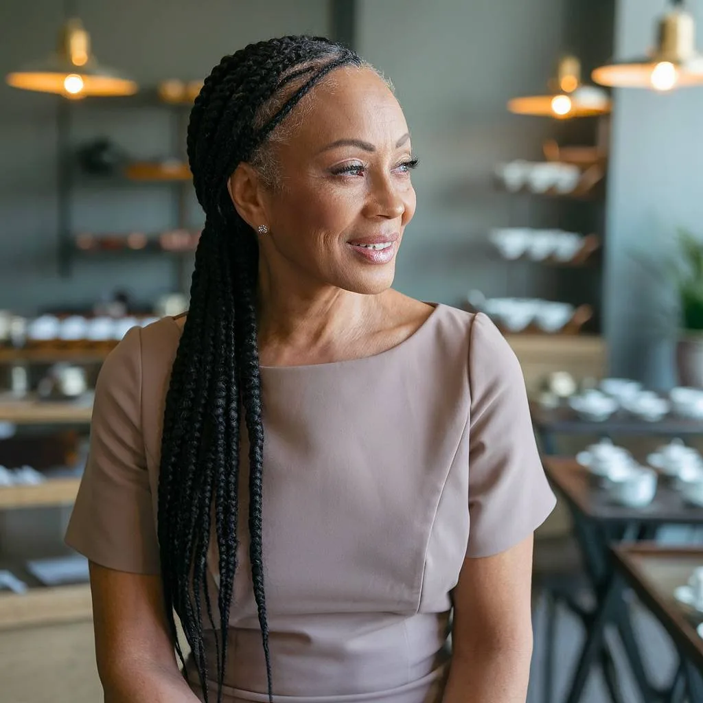 Elegant long braided hairstyle for Black women over 50, featuring intricate parting and a sleek, polished finish