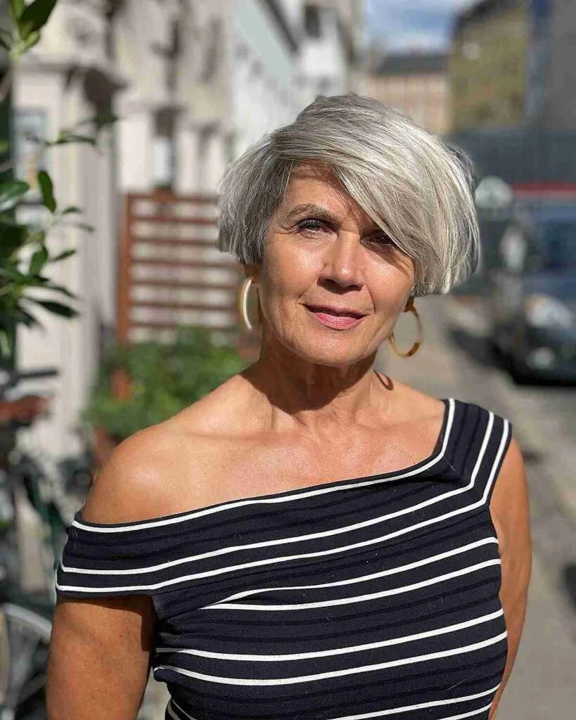 Elegant Side-Parted Short Bob on Silver Hair for Women Over 50