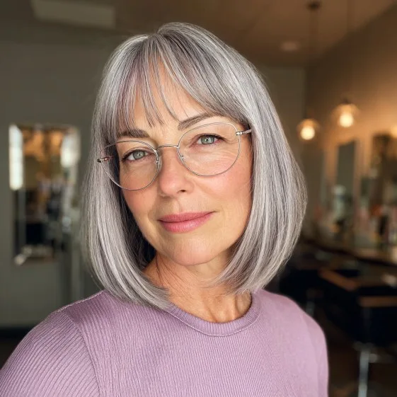 Elegant Silver Bottleneck Bangs with Soft Layers