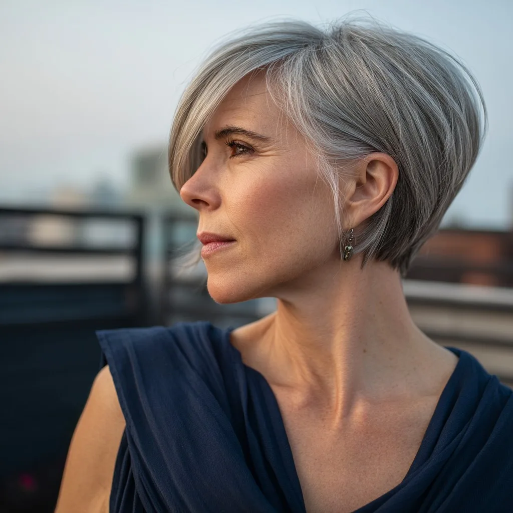 Elegant Silver Pixie Cut with Side-Swept Bangs