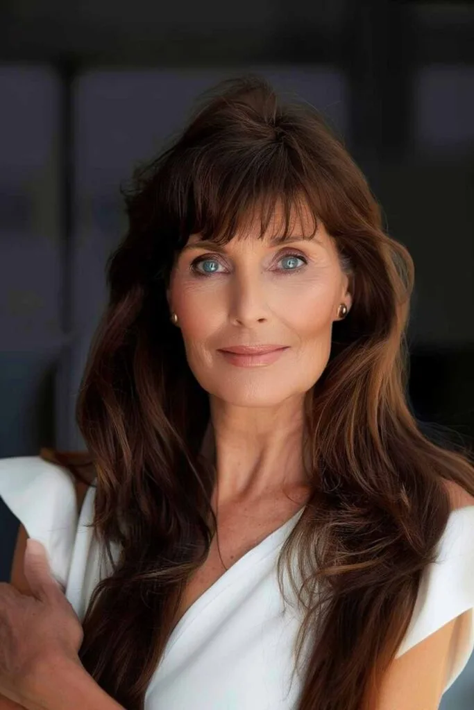 Elegant woman with a long layered hairstyle and sleek, straight bangs offering a face-flattering and sophisticated look.